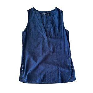 Theory XS Sleeveless Button Popover Airy Cotton Blouse Navy Semi Sheer V Neck